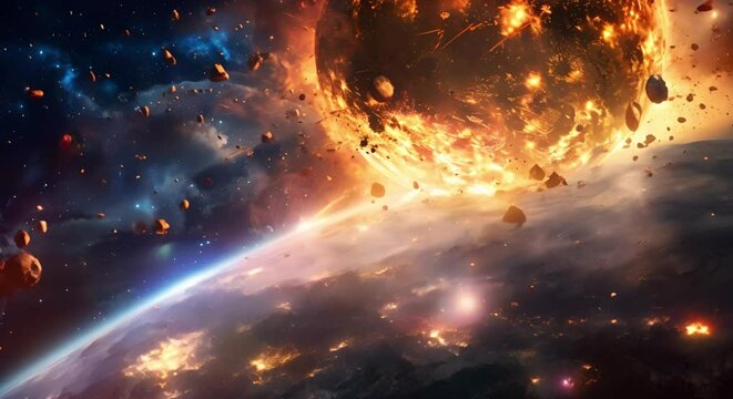 Destruction of Earth by meteor storm and shattering among celestial bodies. Concept Astronomy, Natural Disasters, Catastrophic Events, Planetary Destruction, Celestial Collisions