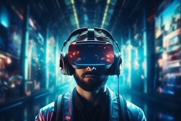 Young man wearing virtual reality goggles. 3d rendering toned image