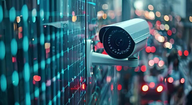 Crowd surveillance camera with face recognition analyzing data for public safety. Concept Surveillance Technology, Facial Recognition, Public Safety, Data Analysis, Crowd Monitoring