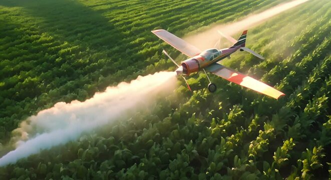 Birds eye view of cropdusting plane spraying fertilizer over green cornfields. Concept Agricultural Aviation, Crop Dusting, Fertilizer Application, Aerial Views, Farming Practices