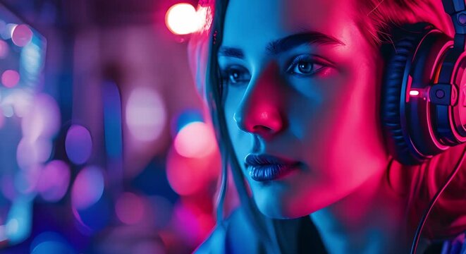 Pro gamer streaming gameplay in neon lights wearing headphones immersed in competition. Concept Gaming, Livestreaming, Neon Lights, Headphones, Competition