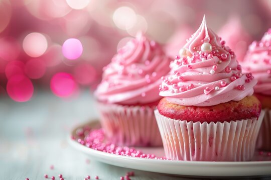 Three pink cupcakes with pink frosting and pink sprinkles on top