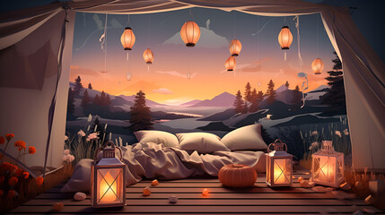 A beautiful bad room with outdoor cinema with blankets looking soo beautiful and pillows under a starry sky summer

