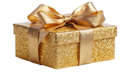  A shimmering gold gift box covered in sparkling glitter and tied with a glittery bow, adding a touch of glamour and excitement against a white background.