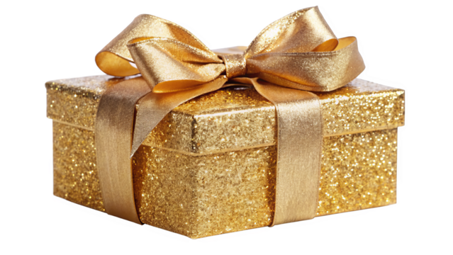  A shimmering gold gift box covered in sparkling glitter and tied with a glittery bow, adding a touch of glamour and excitement against a white background.