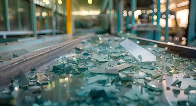 Photo of glass recycling process in industry broken glass being recycled. Concept Recycling Industry, Glass Recycling, Broken Glass, Environmental Sustainability, Industrial Process