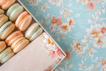variety of pastel colored macarons in stylish box with floral design