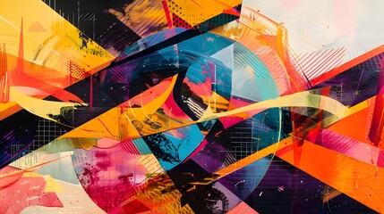 Abstract Kinetic Artwork with Vibrant Pulsing Shapes and Intersecting Lines Mixed Media and Collage Style