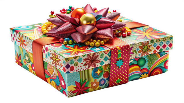 "Whimsical Wonderland": A whimsically decorated gift box featuring playful patterns, vibrant colors, and quirky embellishments, creating a sense of wonder and delight against a white backdrop.