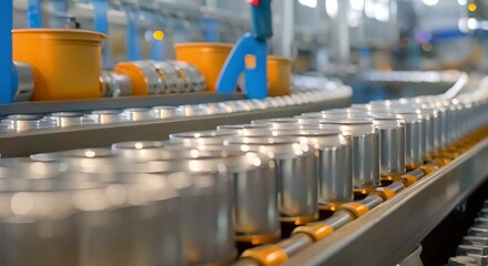 Aluminum cans moving along conveyor belt in beverage manufacturing factory. Concept Manufacturing Process, Conveyor Belt, Aluminum Cans, Beverage Industry, Production Line