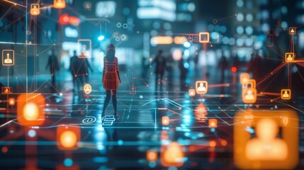 The image shows a group of people walking down a busy street with a lot of lights and people