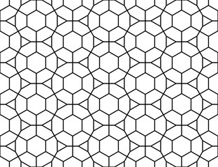 Contemporary repeating tessellated black outline pattern of hexagons inside 12-sided dodecagons