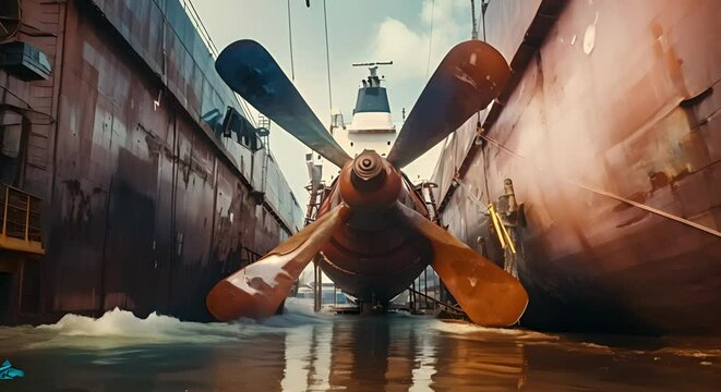 Closeup of cargo ship propeller in dry dock undergoing maintenance. Concept Cargo Ship Maintenance, Dry Dock, Propeller Inspection, Marine Engineering, Industrial Photography
