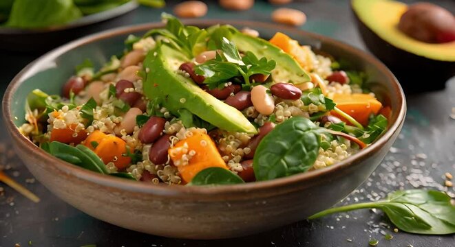 Nourishing Vegan Salad with Quinoa, Avocado, Sweet Potato, Beans, Herbs, and Spinach. Concept Vegan Recipes, Plant-based Meals, Healthy Eating, Superfood Salads, Nutrient-rich Ingredients