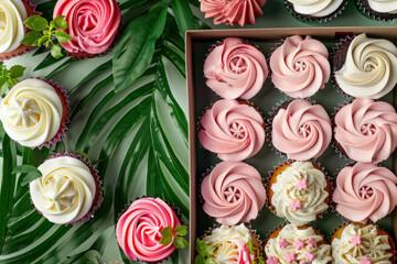 vibrant and elegant cupcakes with rose-shaped icing and decorative leaves in a chic box