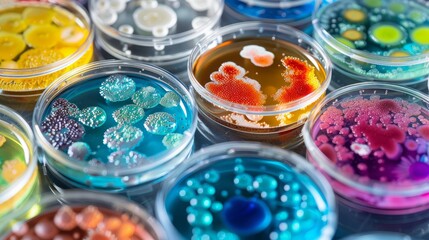 Close-up view of diverse microbial cultures in petri dishes, displaying intricate patterns and a spectrum of colors, used for scientific studies.