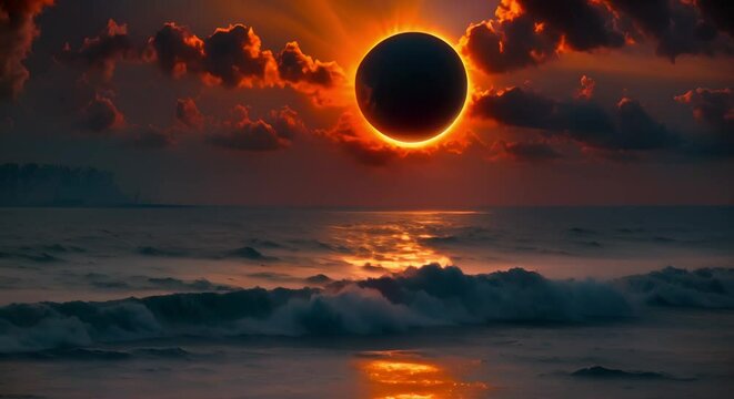 Solar Eclipse on the Sea in . Concept Astronomy, Solar Events, Sea, Photography, Natural Phenomenon