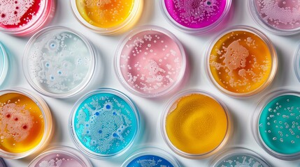 Overhead view of multiple petri dishes, each containing vibrant colored cultures in various artistic patterns, showcasing scientific research and artistic expression.