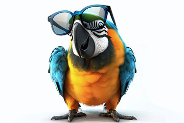 Large parrot wearing reading glasses on a white background