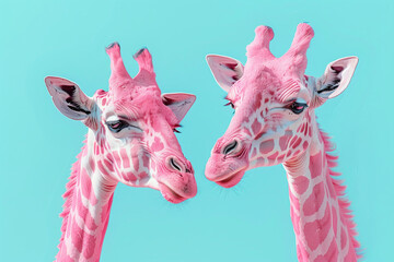 Two pink giraffes on a blue background and empty space