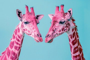 Two pink giraffes in love on a blue background
