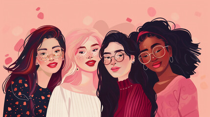 An illustration of 4 diverse women celebrating Galantine's Day.