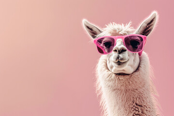 Obraz premium Glamorous alpaca in sunglasses on a pink background and empty space for text
