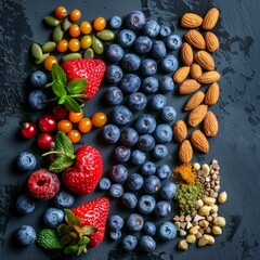Artistic arrangement of colorful fresh berries and nuts on a dark slate background, featuring strawberries, blueberries, almonds, and mixed seeds.