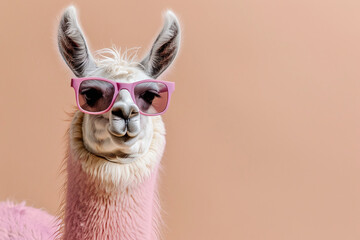 Glamorous alpaca in sunglasses on a beige background and empty space