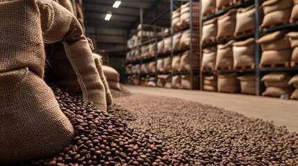 A wide-angle view of a coffee warehouse with burlap sacks and a large pile of roasted coffee beans in the foreground, showcasing the coffee industry.
