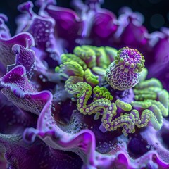 Microscopic view of vibrant purple and green coral-like structures, illustrating scientific concepts in marine biology and environmental science.