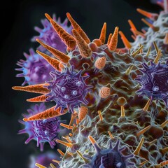 Microscopic view of a virus particle with vibrant orange and blue spike proteins, set against a dark background, perfect for educational and scientific use.