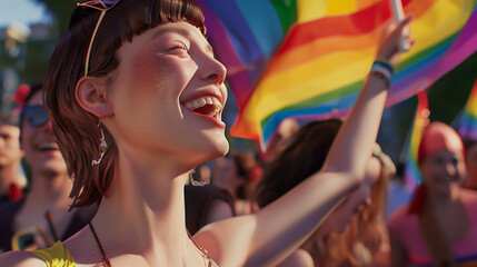 Portrait of a Smiling Young Woman with Rainbow Flag Celebrating Pride. Summer, Friends, Joyful Crowd. Diversity, Equality, Inclusion. Multicultural Urban Community, Empowerment. Fun, Positive Vibes