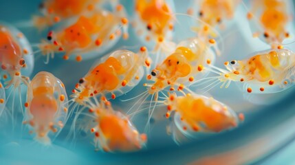 Close-up view of multiple translucent shrimp with orange spots in a laboratory setting, showcasing marine biology research and aquaculture.
