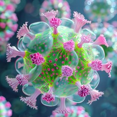 Microscopic view of a virus with pink and green spike proteins, used for scientific education and medical research.