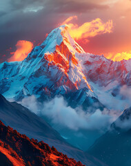 Majestic sunrise over snow-capped mountain peak 