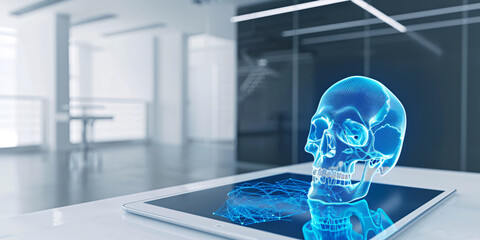 Tablet pc with human skeleton drawing on screen. Medicine and healthcare concept