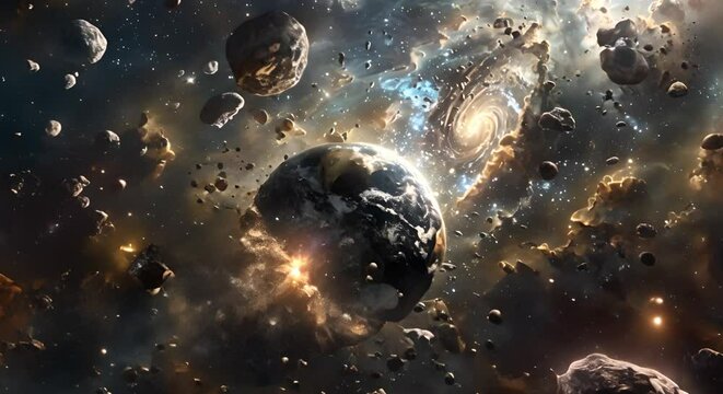 Earth destroyed by meteor storm shattering in space among other celestial bodies. Concept Destruction of Earth, Meteor Storm, Celestial Bodies, Space Catastrophe