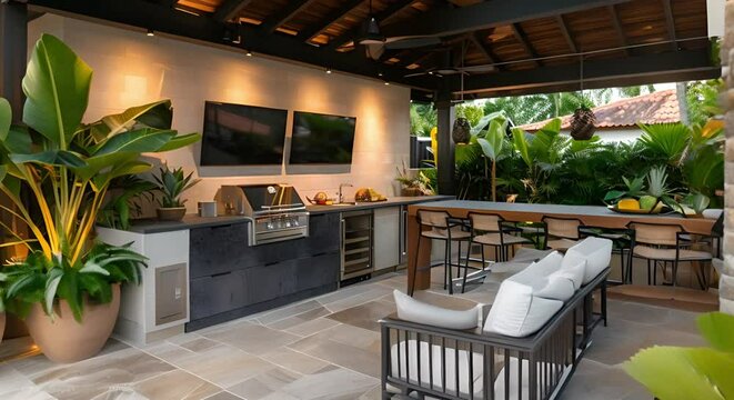 Outdoor entertainment area with builtin barbecue bar and lush plants. Concept Outdoor Photoshoot, Outdoor Design, Barbecue Bar, Lush Plants, Entertaining Space