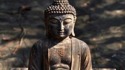 Weathered Buddha statue with peeling paint, ideal for spiritual and cultural themes in publications.