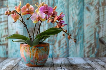 Fresh orchid flowers in pot on wooden background