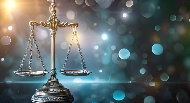 Legal Scales Symbolizing Justice in a Data Center Background. Concept Legal Symbolism, Justice System, Data Protection, Technology, Law Enforcement