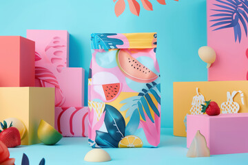 modern tropical fruit pattern pouches among colorful geometric blocks