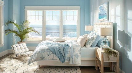 Coastal-inspired bedroom with nautical decor and ocean artwork, ideal for home decor magazines and seaside living spaces.