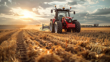 Obraz premium A tractor working with straw reaper in the dry field. Generative AI.