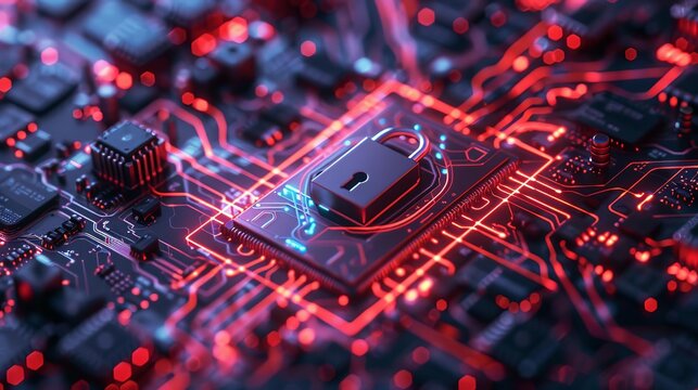Cybersecurity and secure nerwork concept Data protection, gdrp Glowing futuristic backround with lock on digital integrated circuit, 3d illustrative, minimalistic design
