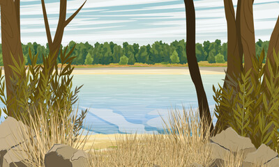 A wide river with trees growing on its banks. Sandy river bank with dry grass and stones.. Realistic vector landscape