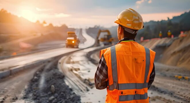 Civil engineer inspecting highway construction site near machinery and concrete road. Concept Construction inspection, Highway engineering, Machinery operation, Road construction, Civil engineering