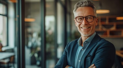 Obraz premium Confident CEO Poses in Modern Office Space With a Warm Smile and Stylish Glasses