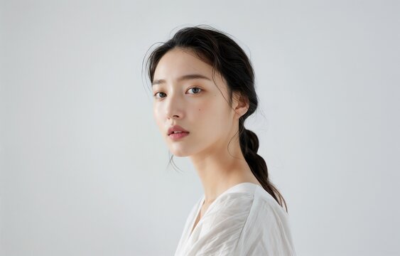 Serene Korean Beauty with Simple Long Hair, Perfect for Beauty and Lifestyle Editorials